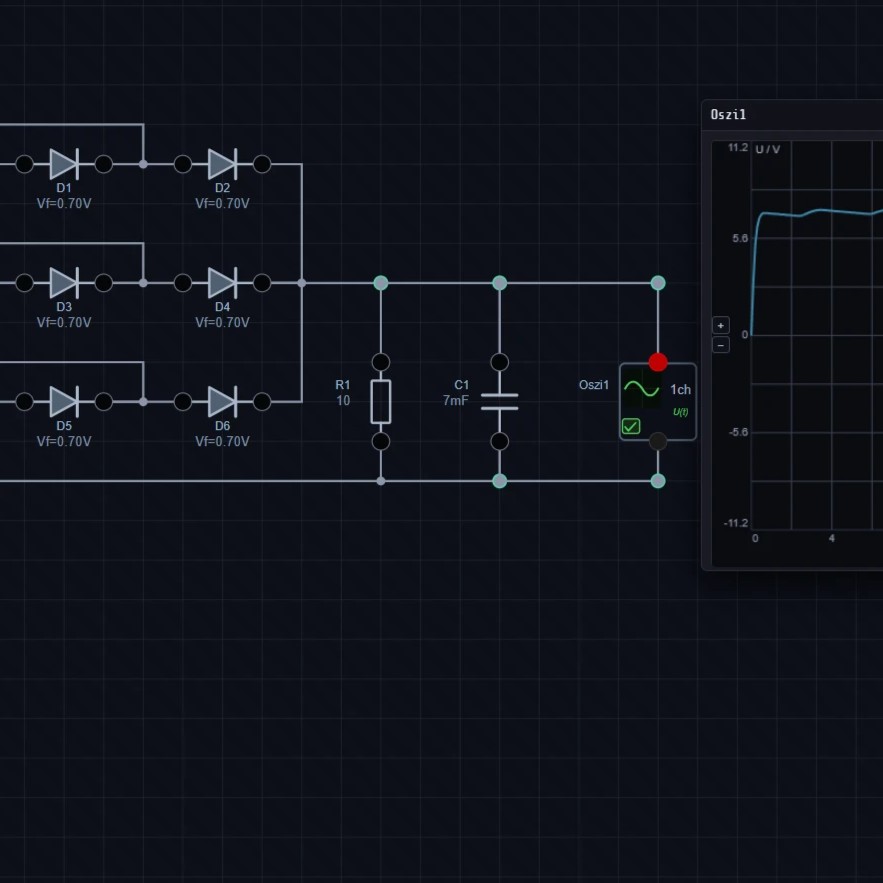 Schaltkreis-Simulation: Diodenbrücke eines dreiphasigen Gleichrichters auf dem Raster
